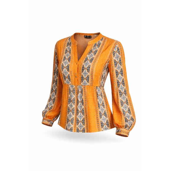 Wrangler Tops - WRANGLER RETRO WOMEN'S SPLIT NECK PEPLUM PRINT MUSTARD PEASANT TOP Sz Small